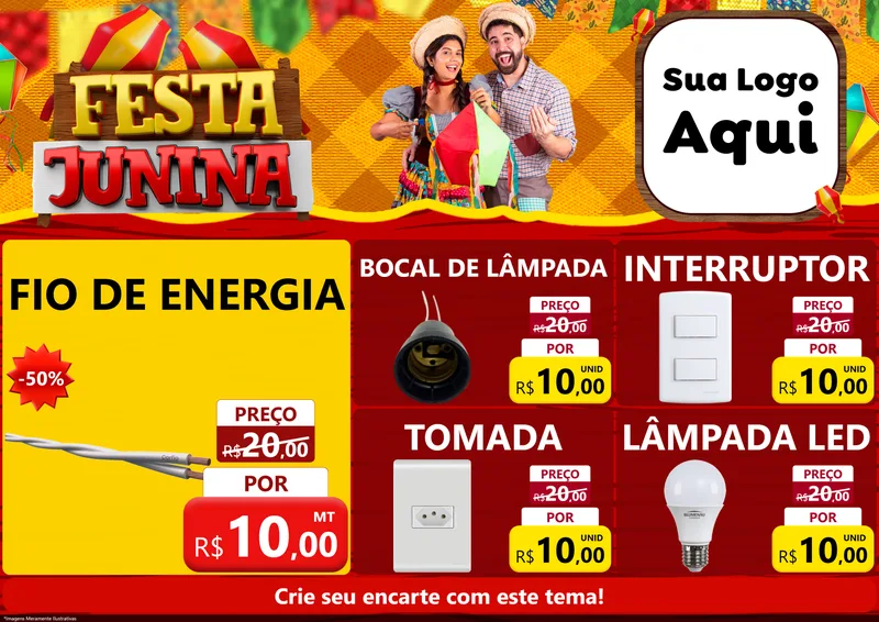 Modelo de Encarte para Encarte A4 Horizontal com o tema Festa Junina para Materiais Elétricos