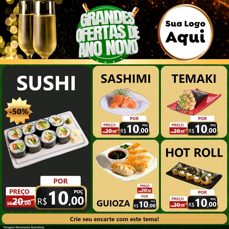 Modelo de Rede Social para Feed Facebook com o tema Grandes Ofertas de Ano Novo para Comida japonesa