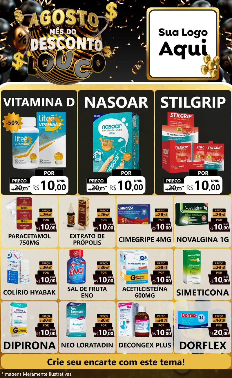 Modelo de Encarte para Encarte Grande com o tema Agosto Mês do Desconto Louco para Farmácia