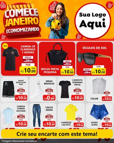 Modelo de Rede Social para Feed Instagram com o tema Comece Janeiro Economizando para Roupas e acessórios