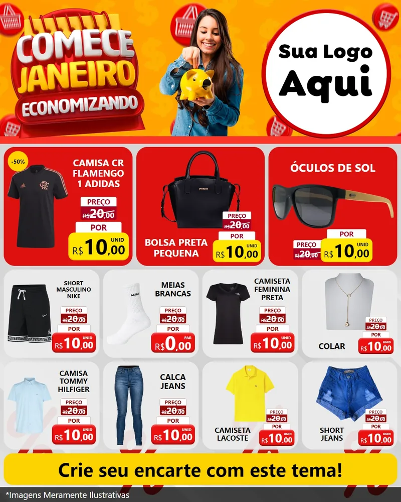 Modelo de Rede Social para Feed Instagram com o tema Comece Janeiro Economizando para Roupas e acessórios