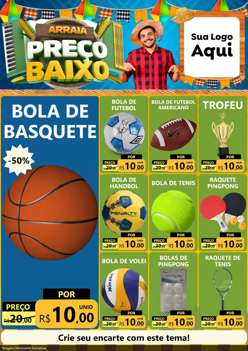 Modelo de Encarte para Encarte A4 Vertical com o tema Arraiá de Preço Baixo - Junina para Artigos Esportivos