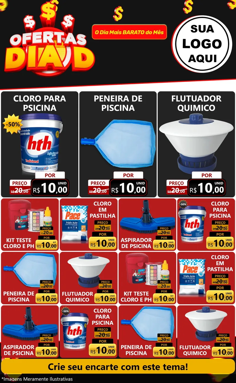 Modelo de Encarte para Encarte Grande com o tema Ofertas Dia D para Produtos para Piscina