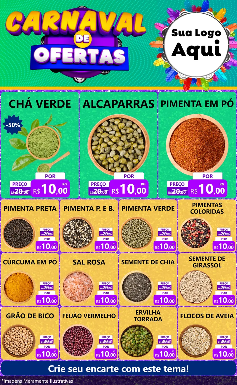Modelo de Encarte para Encarte Grande com o tema Carnaval de Ofertas para Produtos Naturais