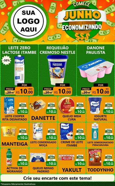 Modelo de Encarte para Encarte Grande com o tema Comece Junho Economizando para Frios e Laticínios