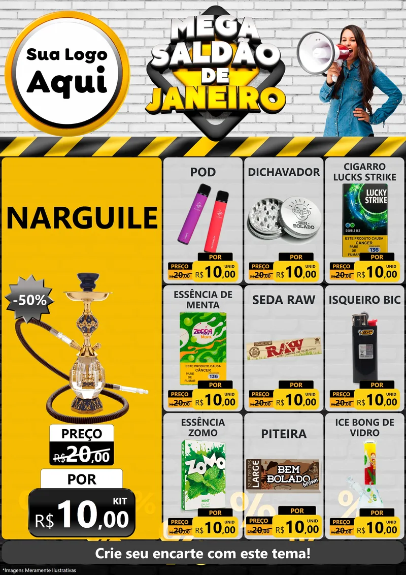 Modelo de Encarte para Encarte A4 Vertical com o tema Mega Saldão de Janeiro para Tabacaria