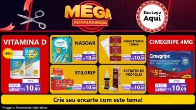 Modelo de TV para TV Horizontal com o tema Mega Reinauguração para Farmácia