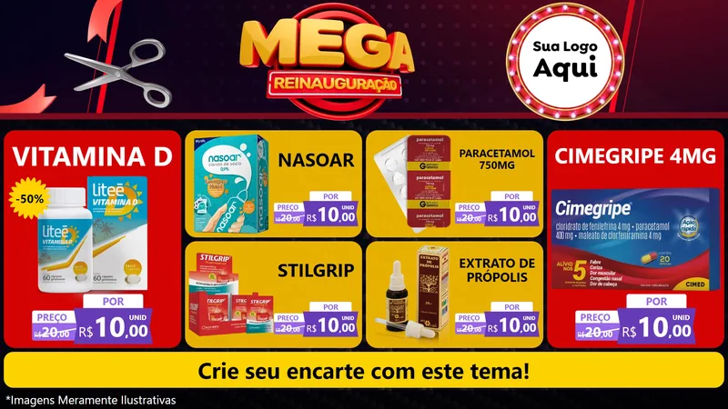 Modelo de TV para TV Horizontal com o tema Mega Reinauguração para Farmácia