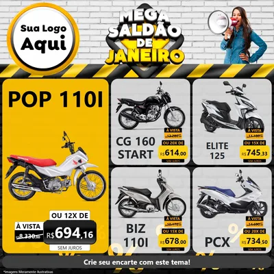 Modelo de Rede Social para Feed Facebook com o tema Mega Saldão de Janeiro para Concessionaria de Motos