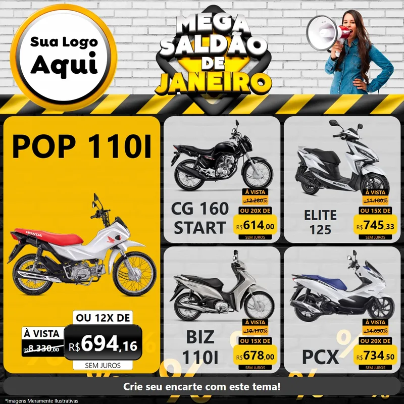 Modelo de Rede Social para Feed Facebook com o tema Mega Saldão de Janeiro para Concessionaria de Motos