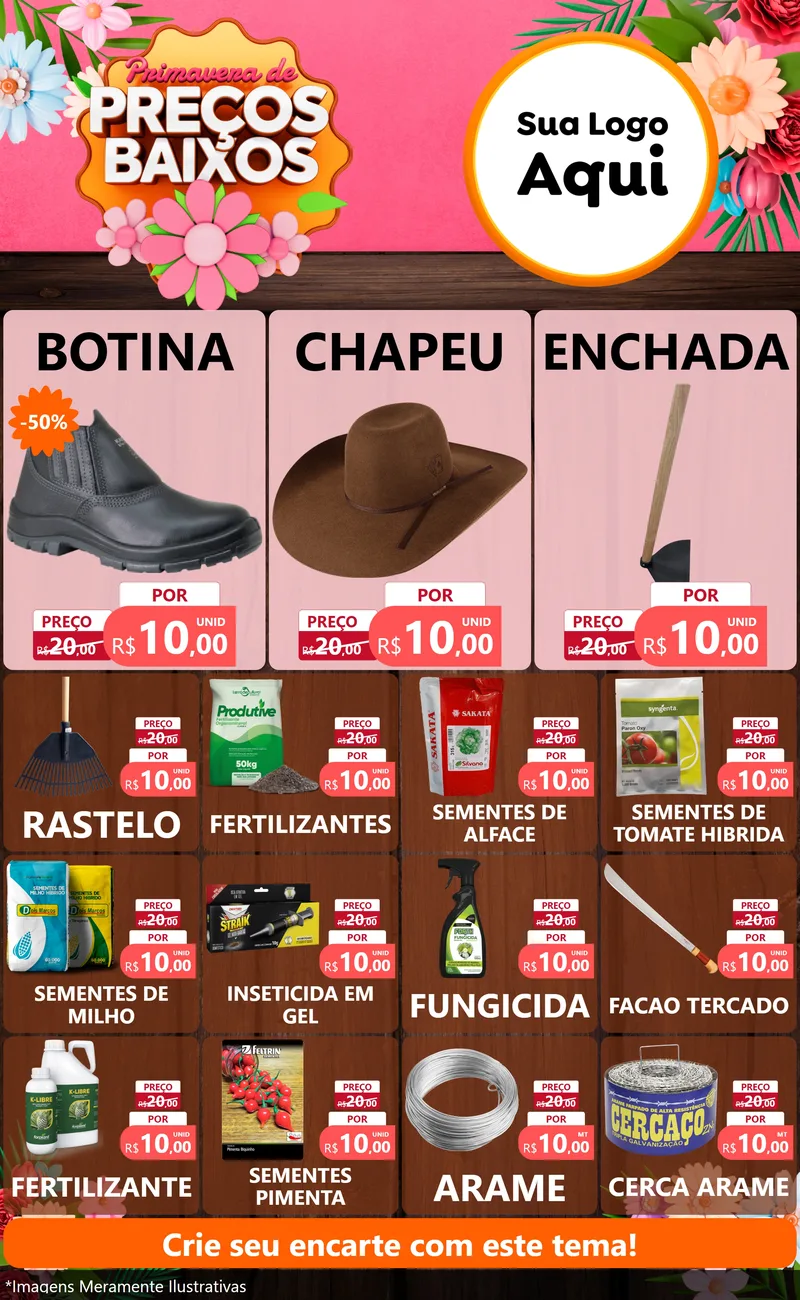 Modelo de Encarte para Encarte Grande com o tema Primavera de Preços Baixos para Agropecuária