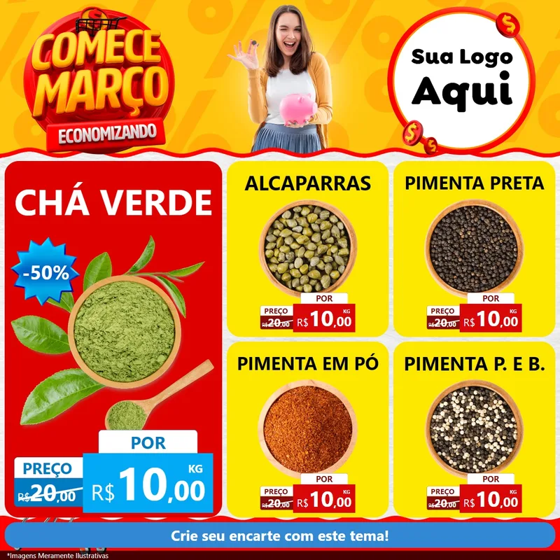Modelo de Rede Social para Feed Facebook com o tema Comece Março Economizando para Produtos Naturais
