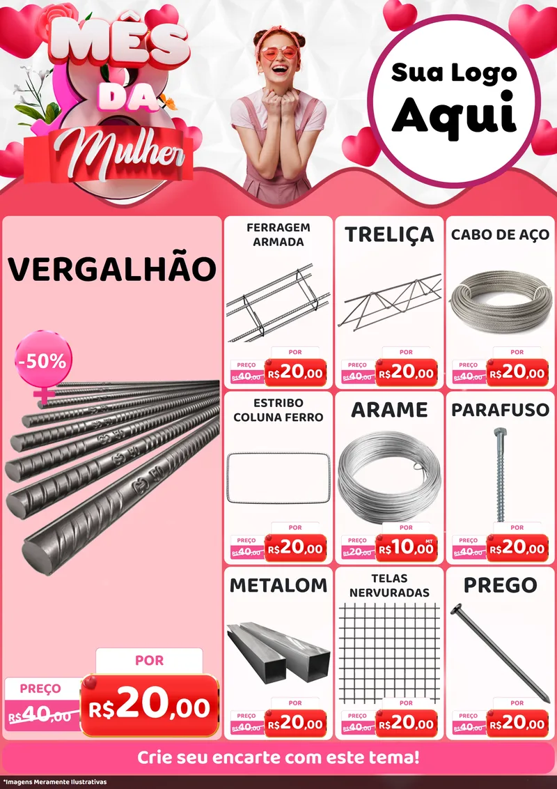 Modelo de Encarte para Encarte A4 Vertical com o tema Mês da Mulher para Ferragens