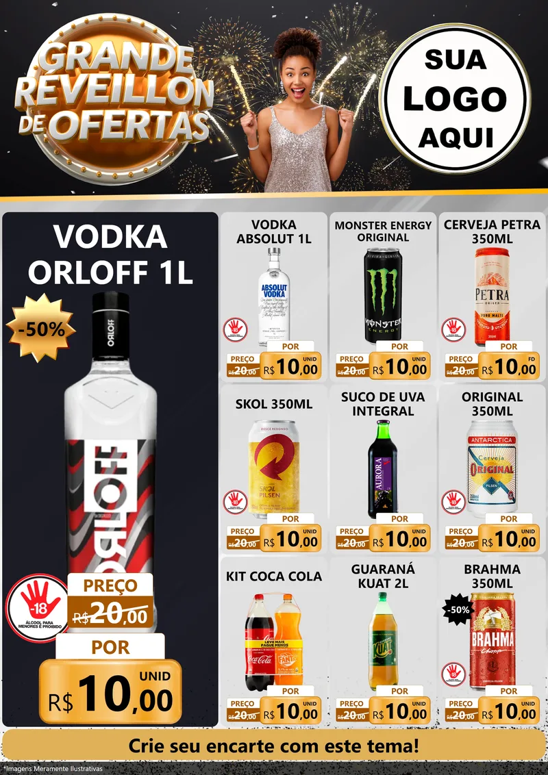 Modelo de Encarte para Encarte A4 Vertical com o tema Grande Réveillon de Ofertas para Distribuidora de bebidas