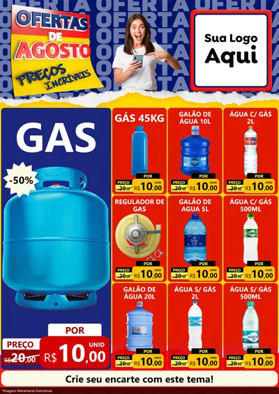 Modelo de Encarte para Encarte A4 Vertical com o tema Ofertas de Agosto - Preços Incríveis para Água e gás