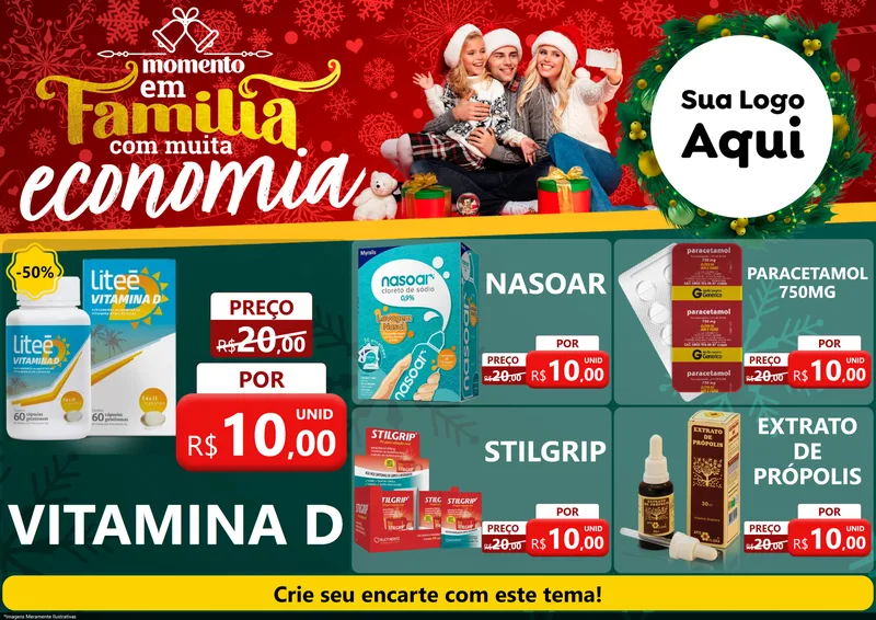 Modelo de Encarte para Encarte A4 Horizontal com o tema Momento em Família (Natal) para Farmácia