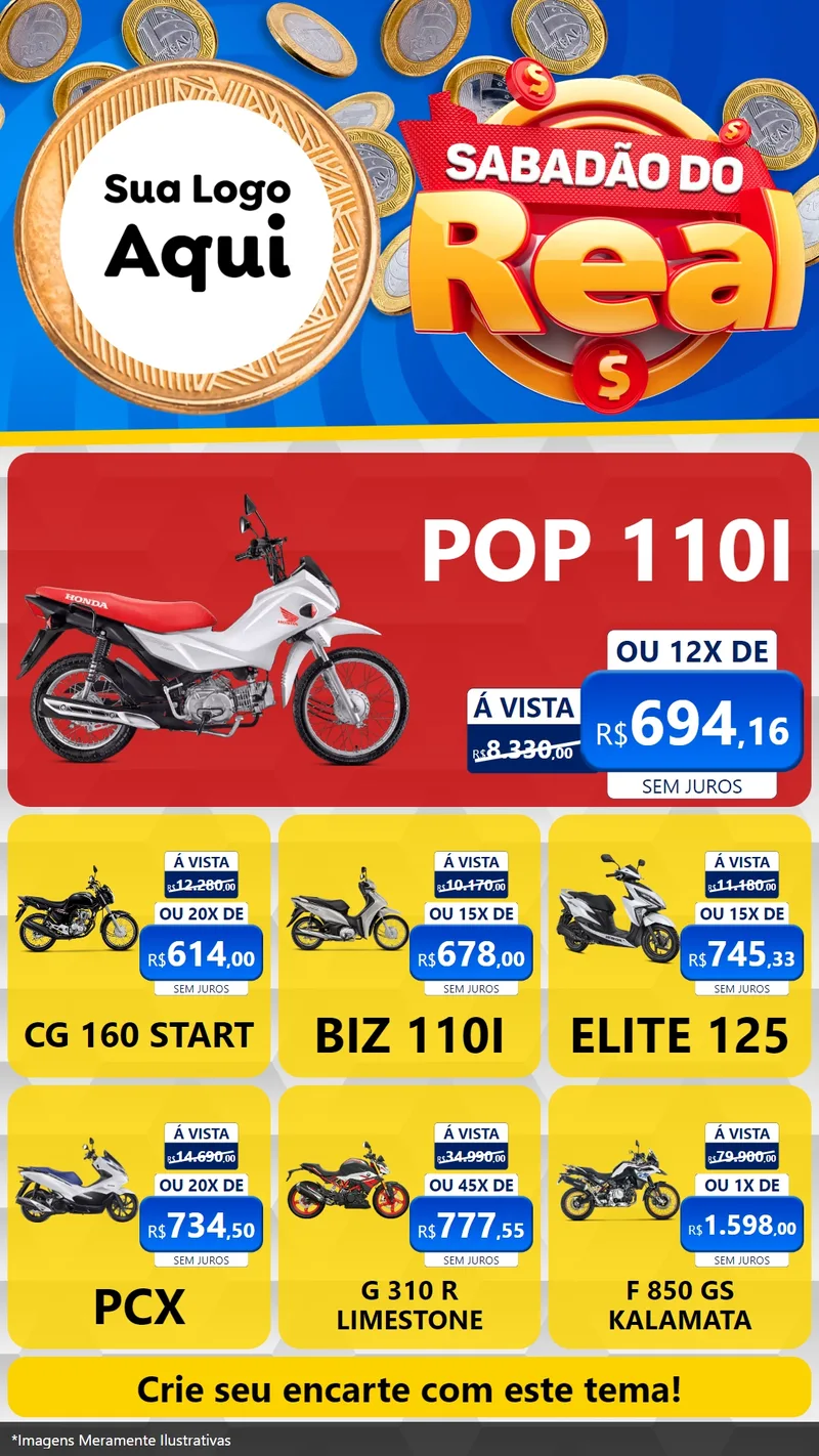 Modelo de Rede Social para Stories com o tema Sabadão do Real para Concessionaria de Motos