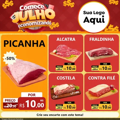 Modelo de Rede Social para Feed Facebook com o tema Comece Julho Economizando para Açougue
