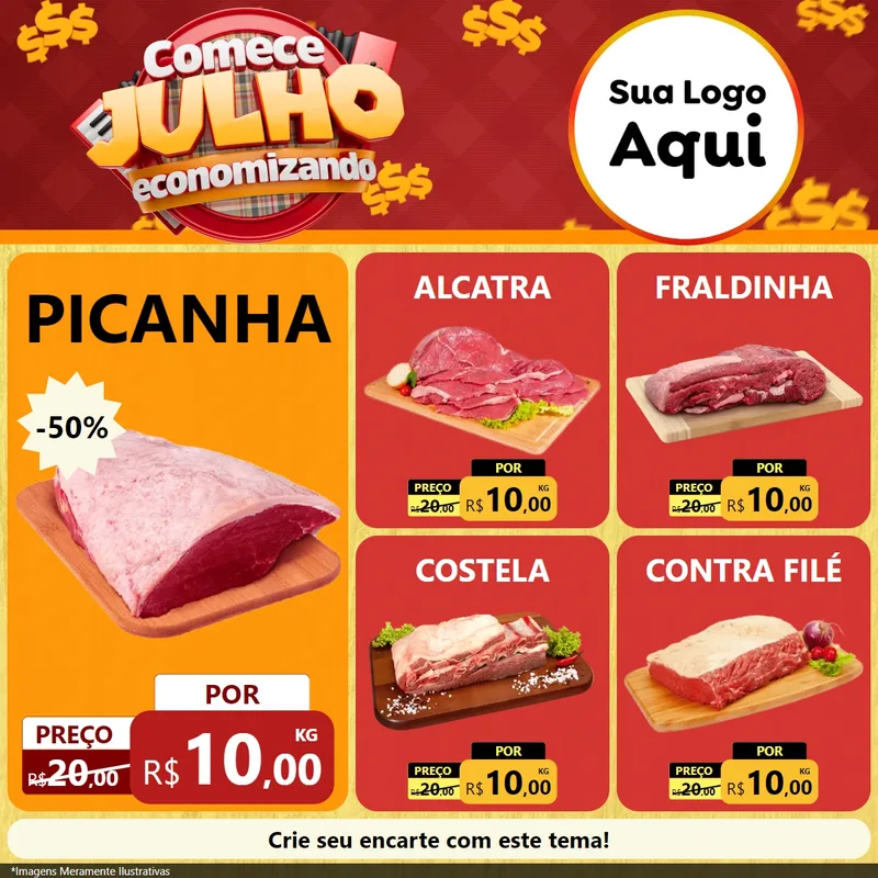 Modelo de Rede Social para Feed Facebook com o tema Comece Julho Economizando para Açougue