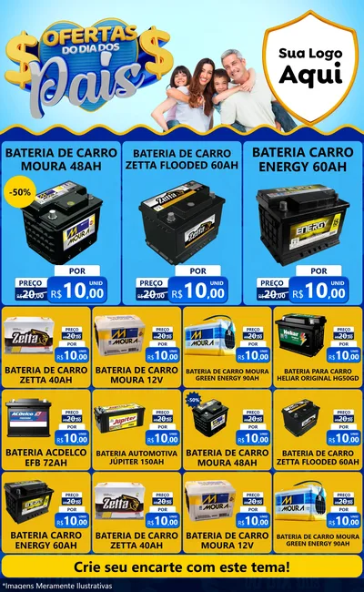Modelo de Encarte para Encarte Grande com o tema Ofertas do Dia dos Pais para Baterias Elétricas