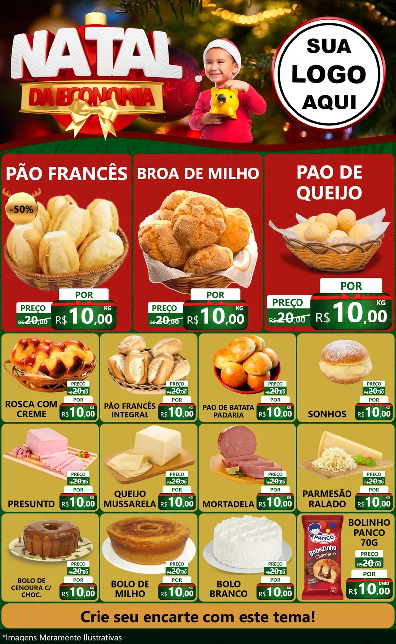 Modelo de Encarte para Encarte Grande com o tema Natal da Economia para Padaria