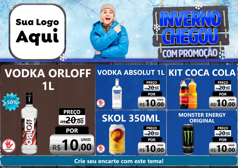 Modelo de Encarte para Encarte A4 Horizontal com o tema Inverno Chegou Com Promoção para Distribuidora de bebidas