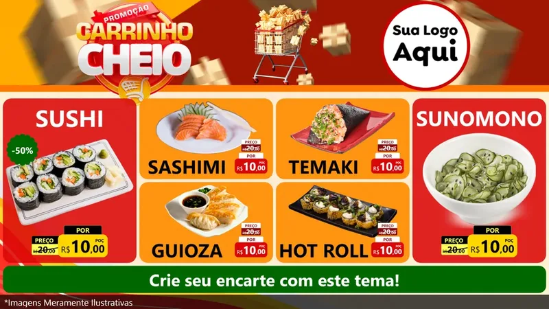 Modelo de TV para TV Horizontal com o tema Promoção carrinho cheio para Comida japonesa