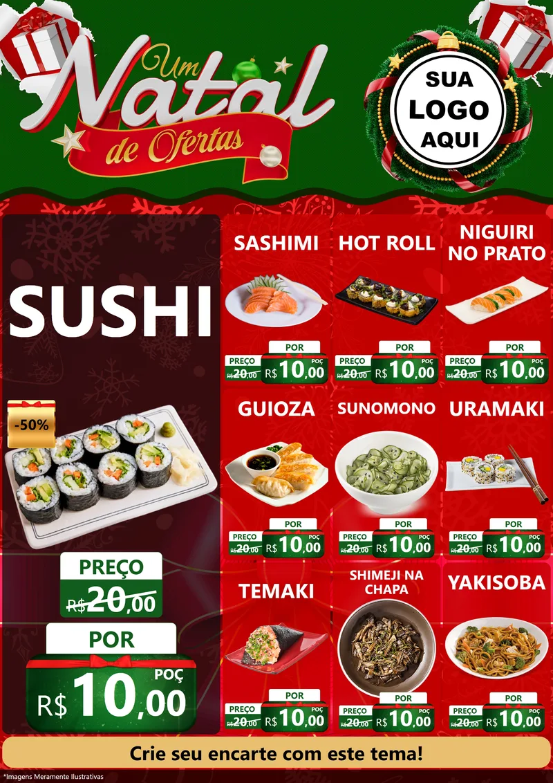Modelo de Encarte para Encarte A4 Vertical com o tema Um Natal de Ofertas para Comida japonesa