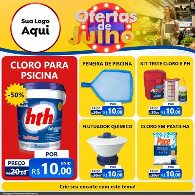 Modelo de Rede Social para Feed Facebook com o tema Ofertas de Julho para Produtos para Piscina