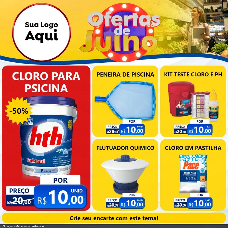 Modelo de Rede Social para Feed Facebook com o tema Ofertas de Julho para Produtos para Piscina
