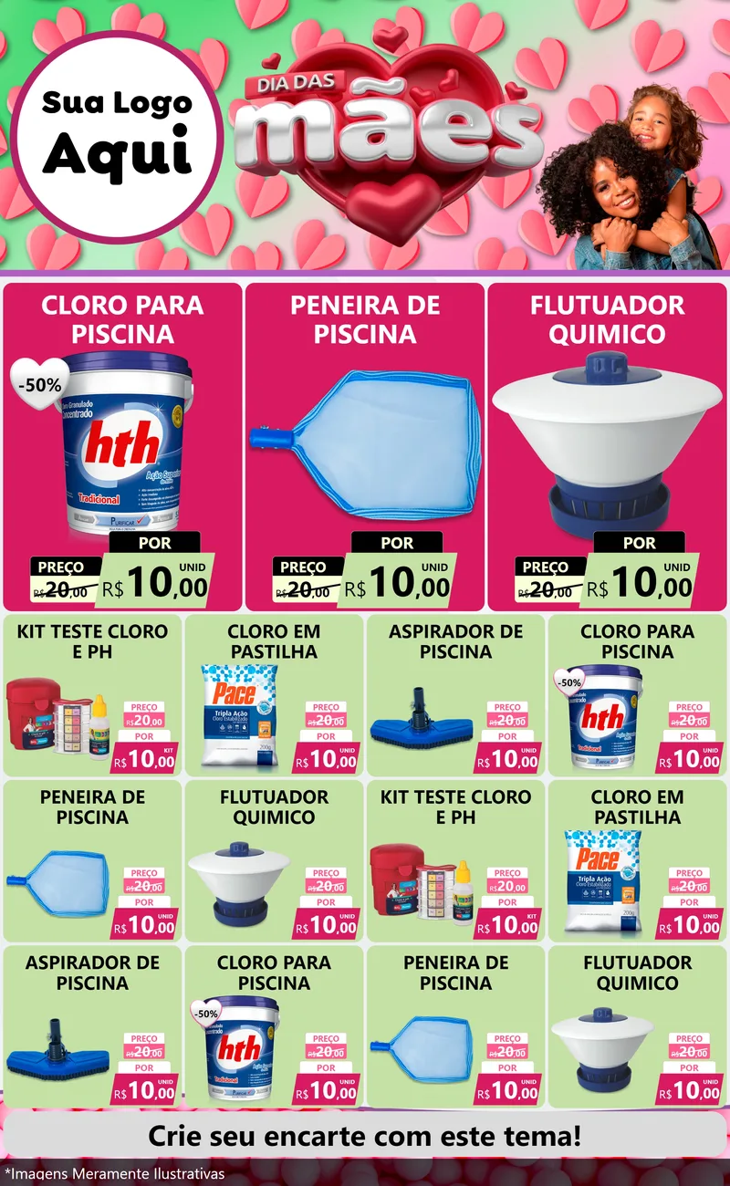 Modelo de Encarte para Encarte Grande com o tema Dia das Mães para Produtos para Piscina