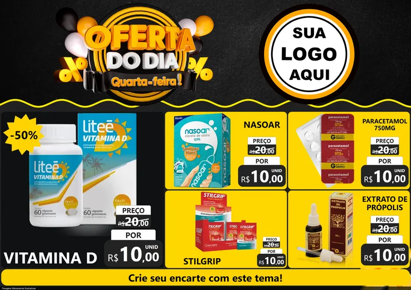 Modelo de Encarte para Encarte A4 Horizontal com o tema Oferta do Dia - Quarta Feira! para Farmácia