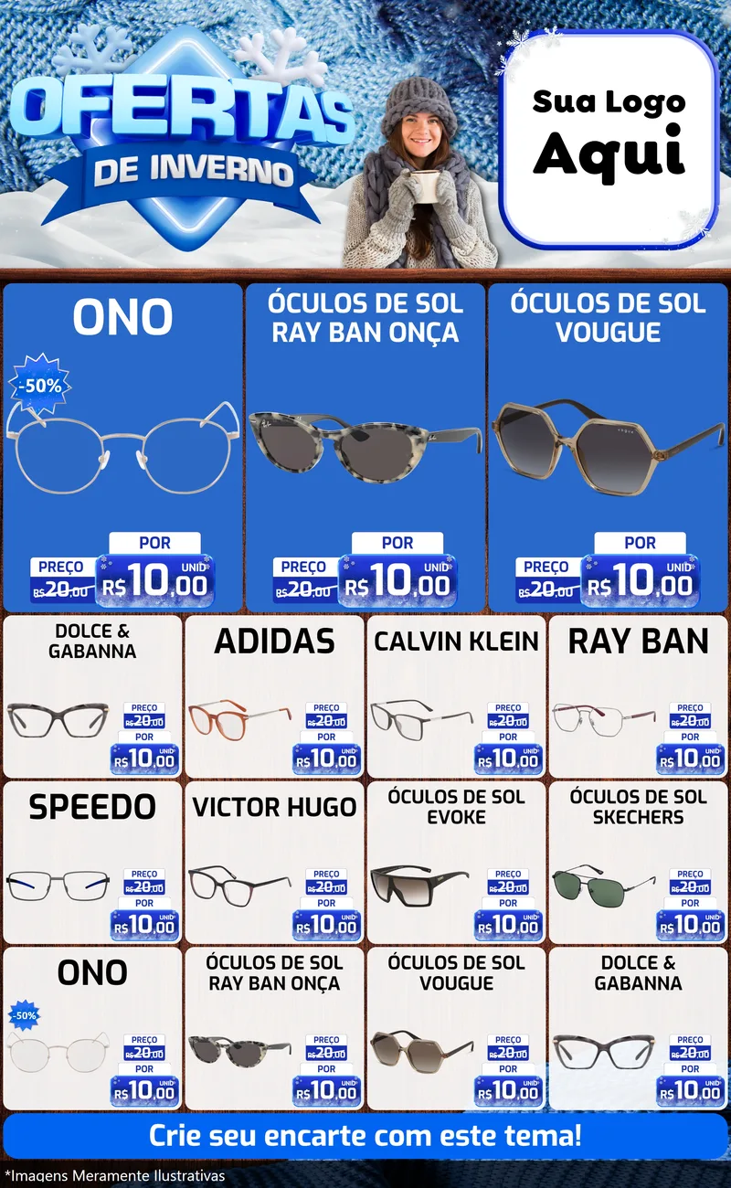 Modelo de Encarte para Encarte Grande com o tema Ofertas de Inverno para Óticas