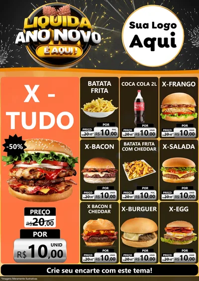 Modelo de Encarte para Encarte A4 Vertical com o tema Liquida Ano Novo É Aqui! para Hamburgueria