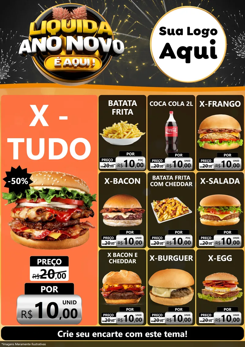 Modelo de Encarte para Encarte A4 Vertical com o tema Liquida Ano Novo É Aqui! para Hamburgueria
