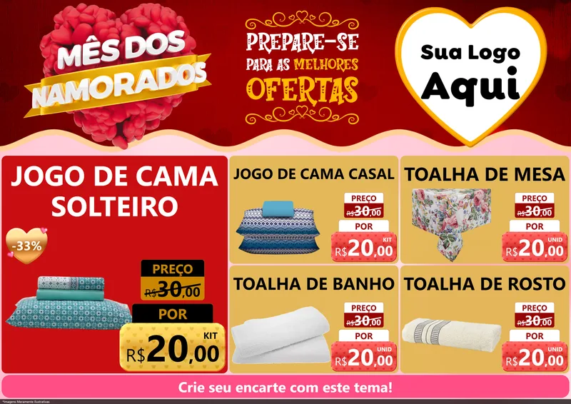 Modelo de Encarte para Encarte A4 Horizontal com o tema Mês dos Namorados para Cama, Mesa e Banho