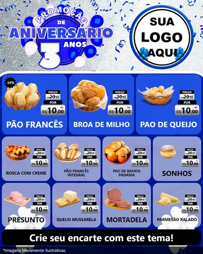 Modelo de Rede Social para Feed Instagram com o tema Promoção de Aniversário - 3 Anos para Padaria