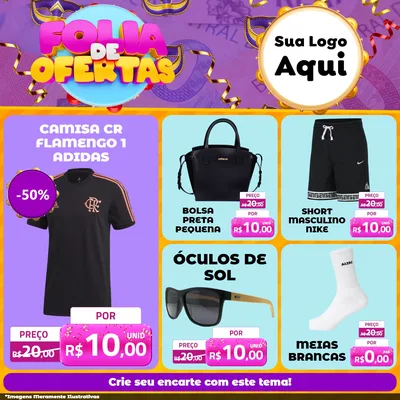 Modelo de Rede Social para Feed Facebook com o tema Folia de Ofertas para Roupas e acessórios