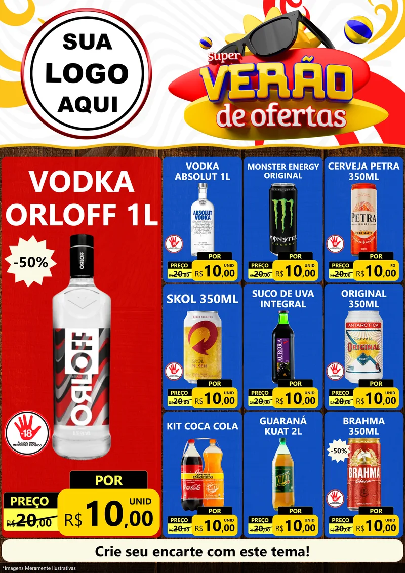 Modelo de Encarte para Encarte A4 Vertical com o tema Super Verão de Ofertas para Distribuidora de bebidas