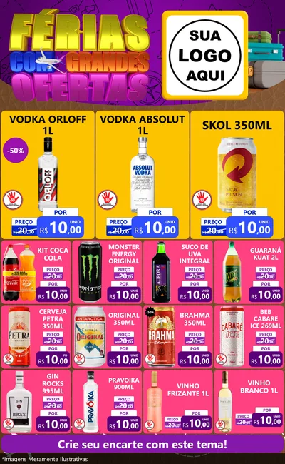 Modelo de Encarte para Encarte Grande com o tema Férias com Grandes Ofertas para Distribuidora de bebidas