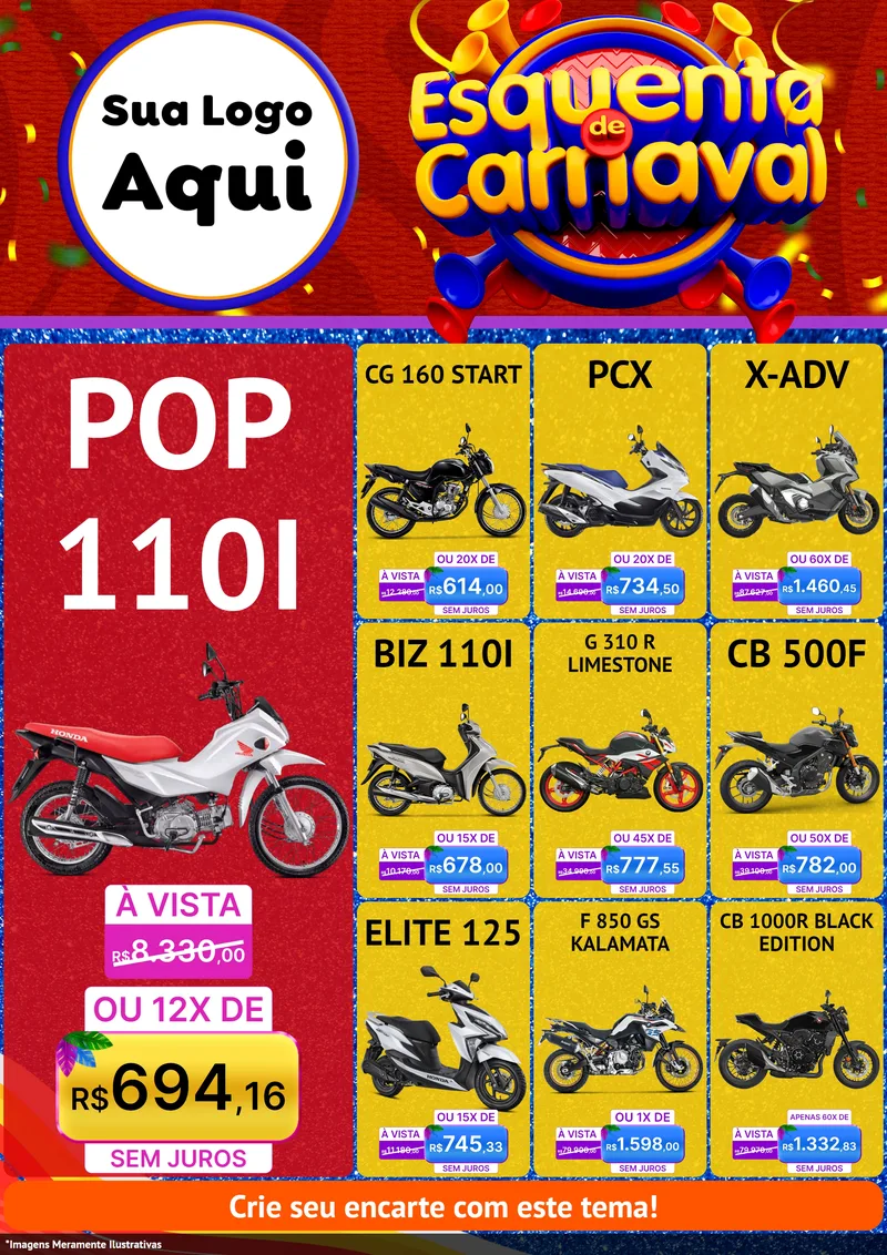 Modelo de Encarte para Encarte A4 Vertical com o tema Esquenta de Carnaval para Concessionaria de Motos