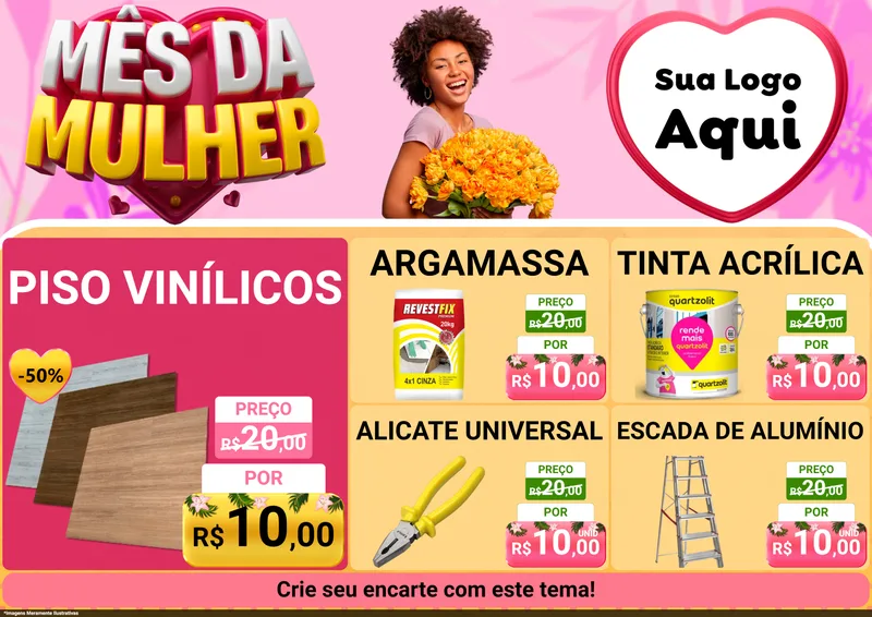 Modelo de Encarte para Encarte A4 Horizontal com o tema Mês da Mulher para Material para Construção
