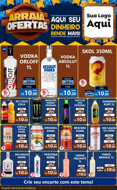 Modelo de Encarte para Encarte Grande com o tema Arraiá de Ofertas - Junina para Distribuidora de bebidas