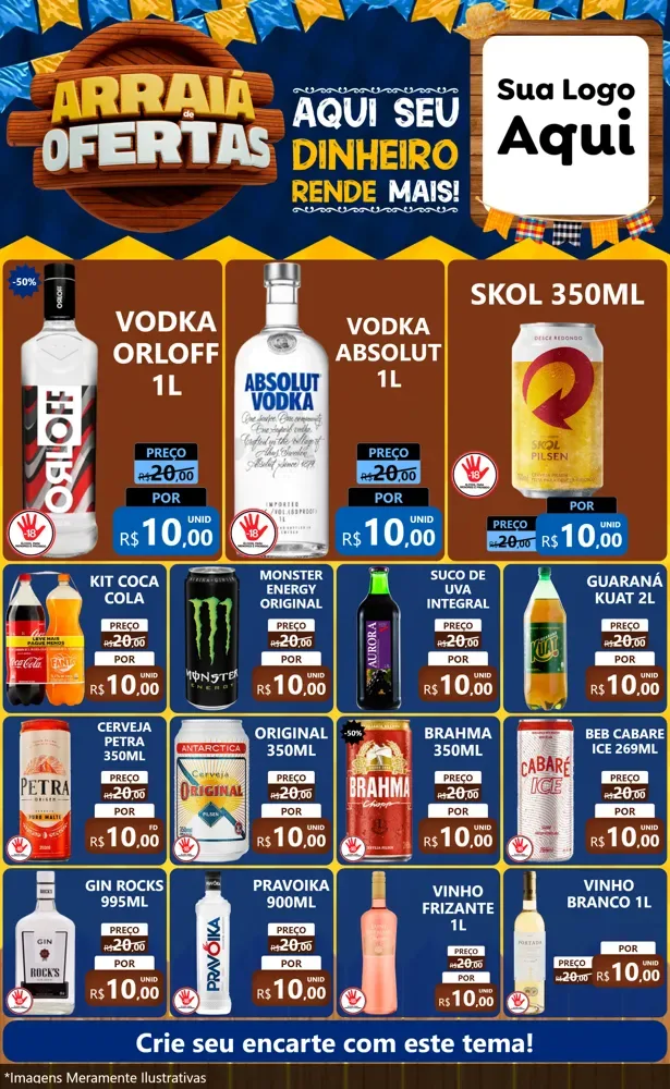 Modelo de Encarte para Encarte Grande com o tema Arraiá de Ofertas - Junina para Distribuidora de bebidas