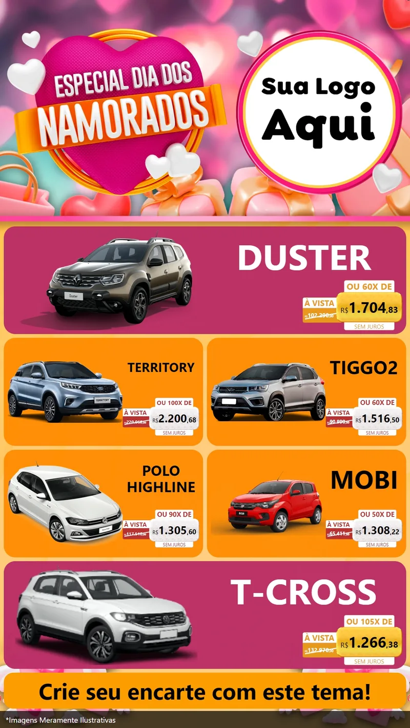 Modelo de TV para TV Vertical com o tema Especial Dia dos Namorados para Concessionaria de Carros