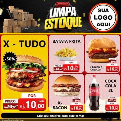 Modelo de Rede Social para Feed Facebook com o tema Operação Limpa Estoque para Hamburgueria