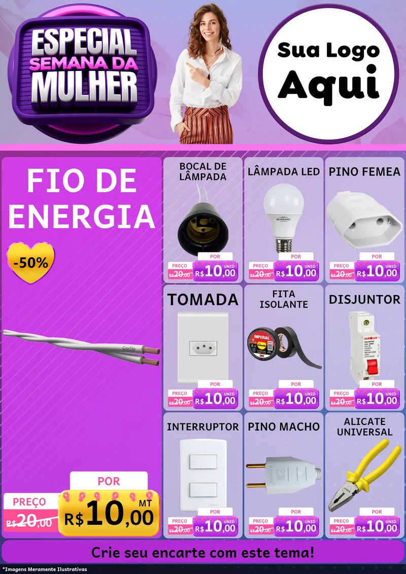 Modelo de Encarte para Encarte A4 Vertical com o tema Especial Semana da Mulher para Materiais Elétricos