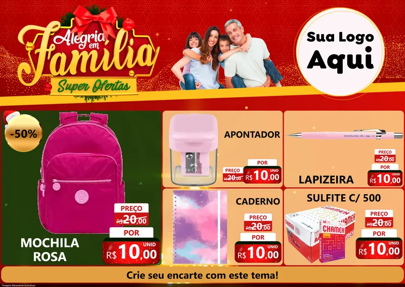 Modelo de Encarte para Encarte A4 Horizontal com o tema Alegria em Família Super Ofertas - Natal para Papelaria