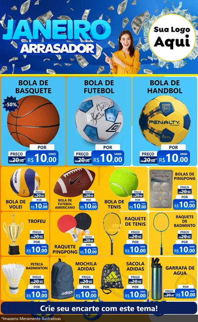Modelo de Encarte para Encarte Grande com o tema Janeiro Arrasador para Artigos Esportivos
