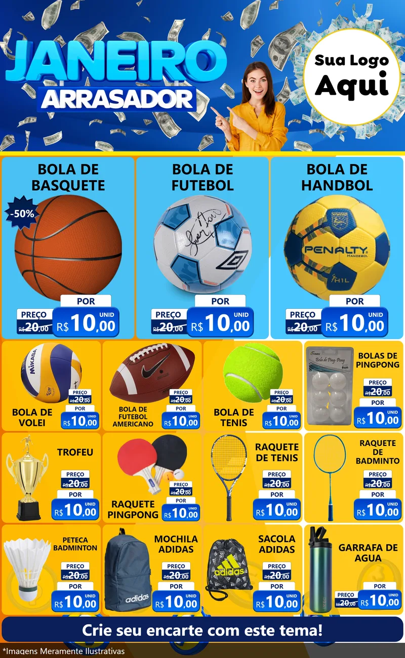 Modelo de Encarte para Encarte Grande com o tema Janeiro Arrasador para Artigos Esportivos